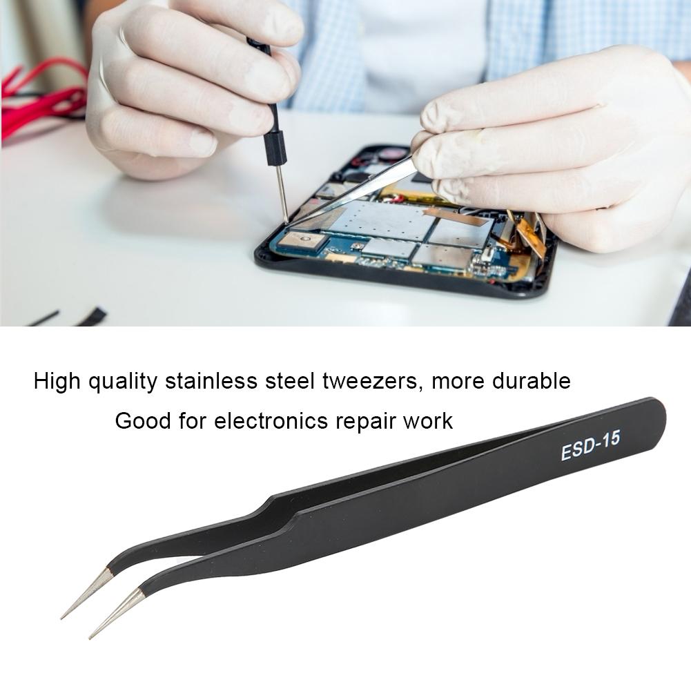 2PCS ESD 15 Anti Static Precision Tweezers Stainless Steel Curved Tweezers Maintenance Tools(Edd 15 (Curved ) )