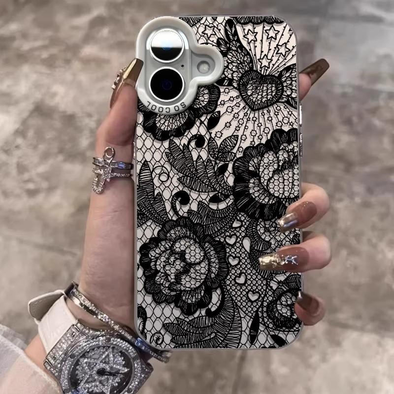 Black Lace Pattern Phone Case For iPhone 17 16e 16 15 14 mini Pro Max X XR XSMAX 8 7 Air Plus Anti Fall Matte Cover