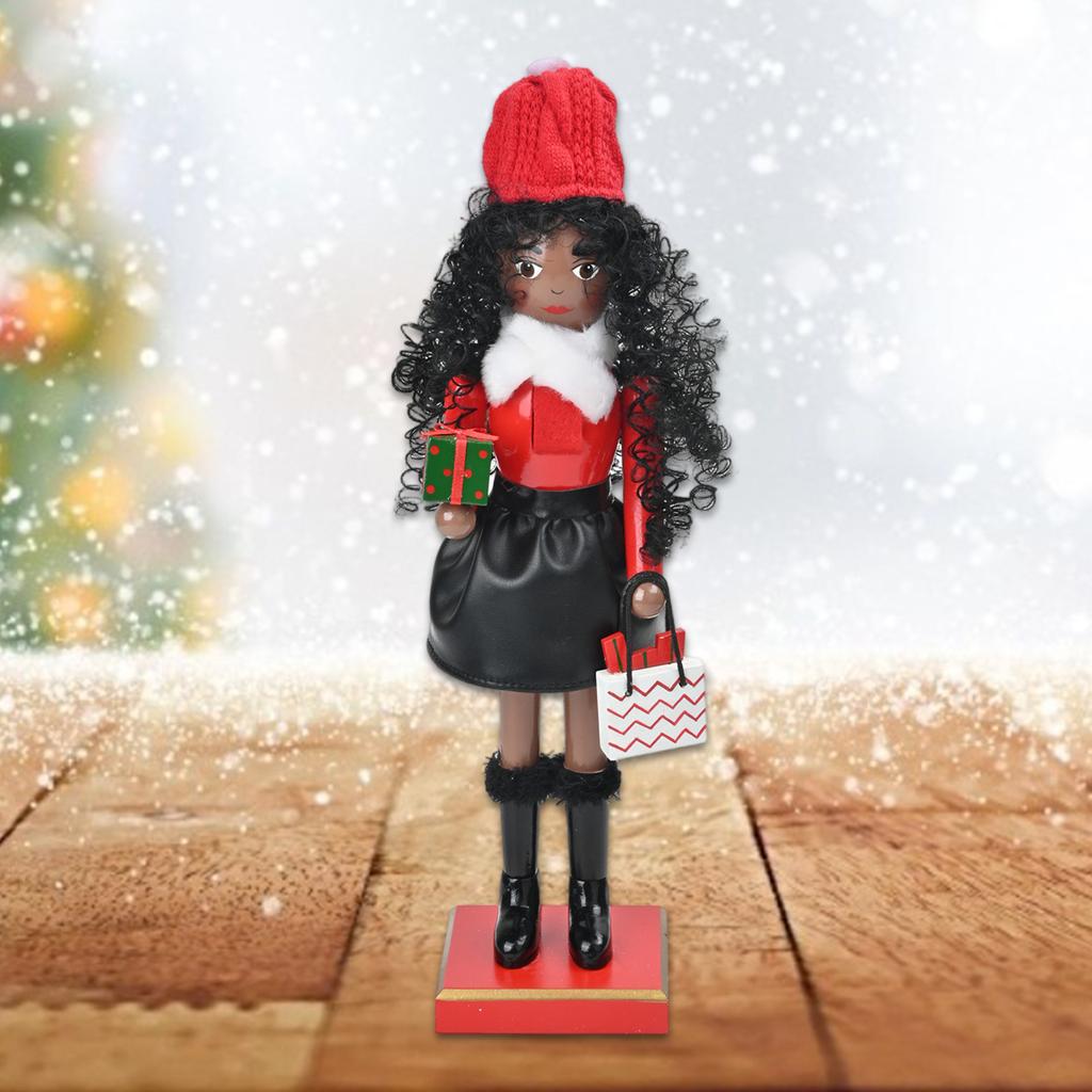 Christmas Shopping Lady Nutcrackers with Curly Hair Wood Figurine Decoration Ornament for Festival Home Tabletop Decors