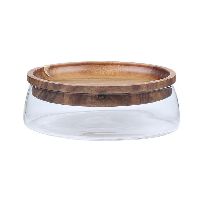 Acacia Wood Double-Layer Candy Bowl with Glass Lid for Living Room Coffee Table
