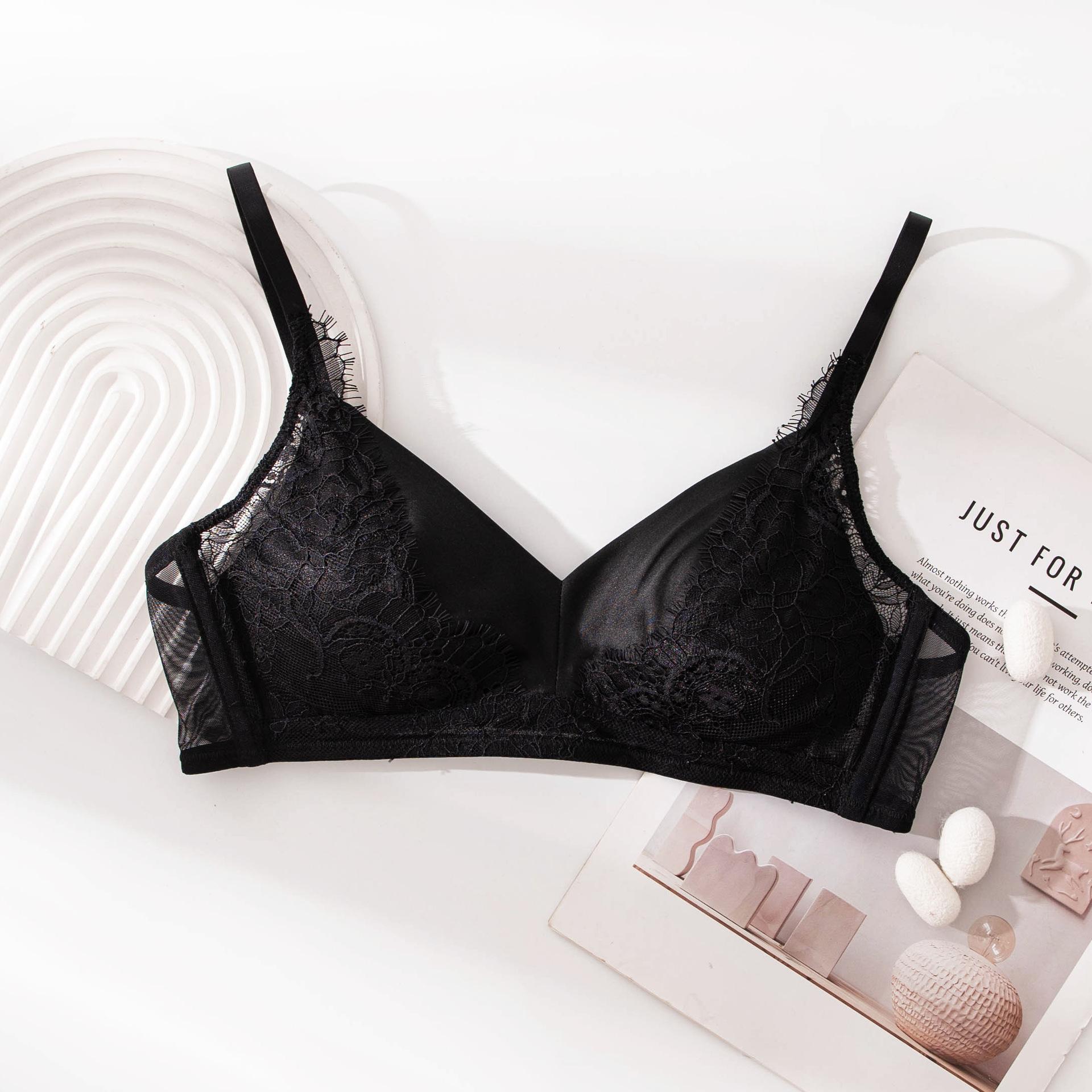 Satin triangle cup, Shisang silk lace gathered comfortable bra M