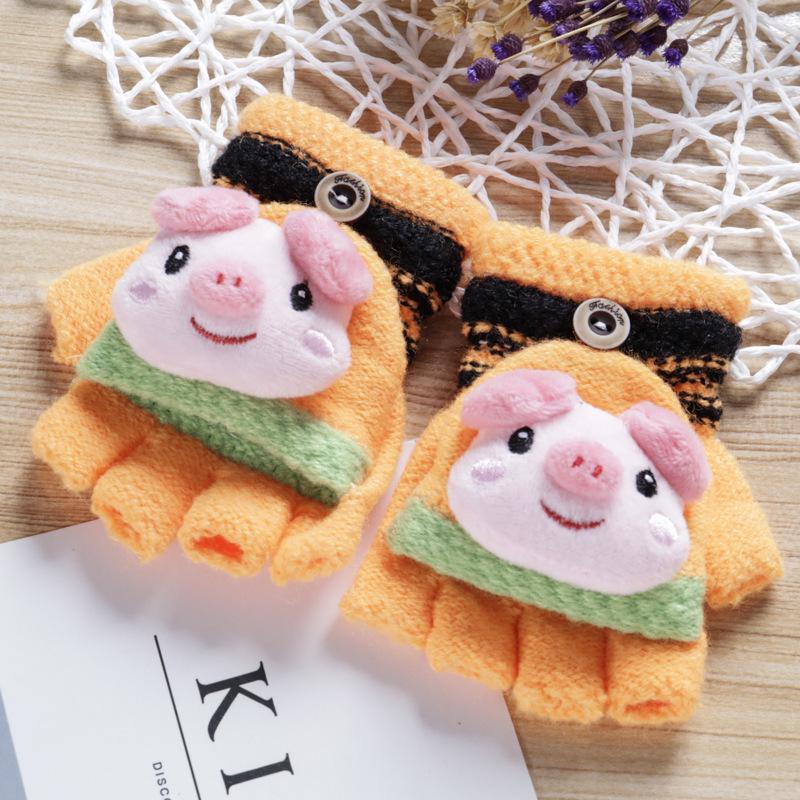 

Мультяшные варежки-свинки для мальчика и девочки, откидные, детские зимние теплые, детские с открытыми пальцами, детские от холода One size