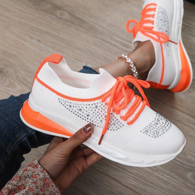 Knitted Mesh Sneakers Ladies Fashion Rhinestone Breathable Casual Running Shoes Tennis Shoes