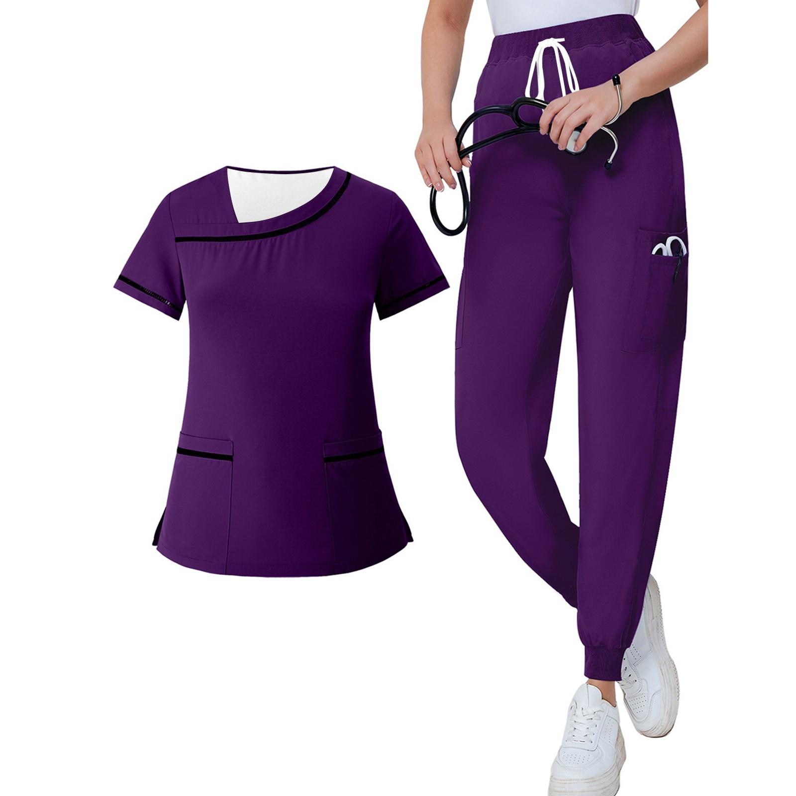 

Ladies Two-piece Set Short Sleeved Color Pocket Top Pants Work Clothes Two-Piece Set S фіолетовий