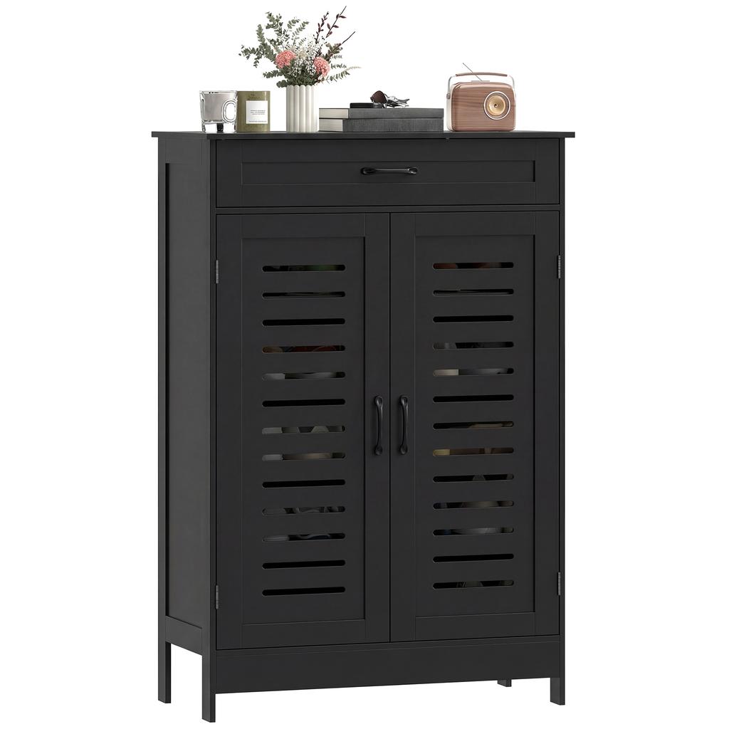 Shoe Cabinet with Louvered Doors, Modern Shoe Storage Cabinet with Drawer and Adjustable Shelves, Black