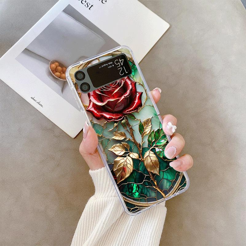 

Art Stained Glass Style Rose Flower Pattern Phone Case for Samsung Galaxy Z Flip 7 Flip 6 5 4 3 Folding Cover for Z Flip7 Flip5 Galaxy Z Flip6