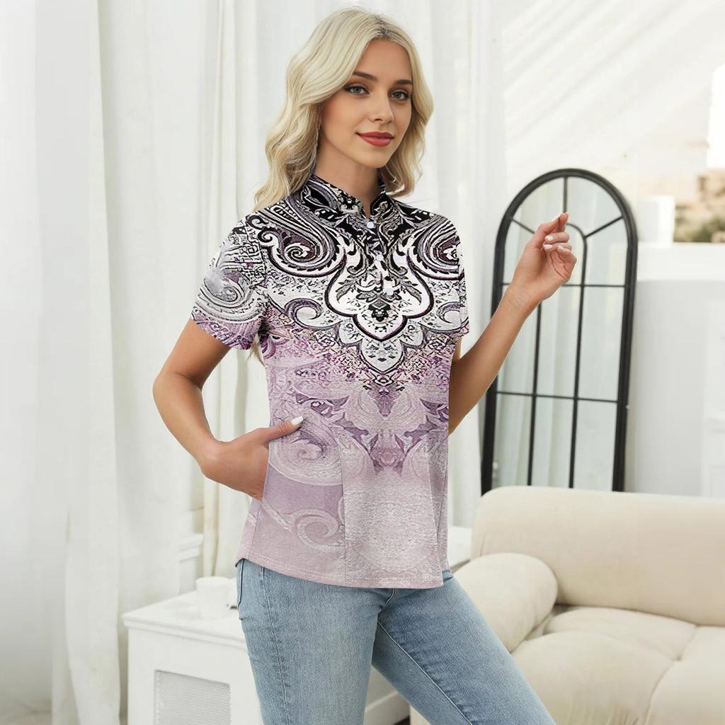 Women's Casual Floral Print V-Neck Short Sleeve Decorative Button T-Shirt Top