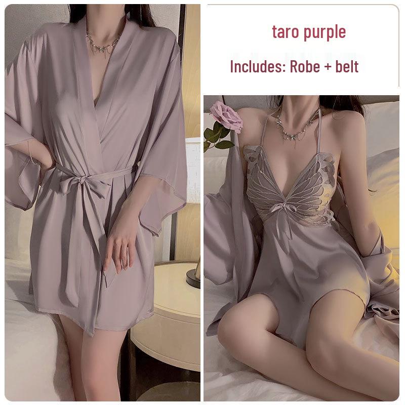 Butterfly Halterneck Ice Silk Lingerie Set with Sleeveless Nightgown and Sexy Back Detail.
