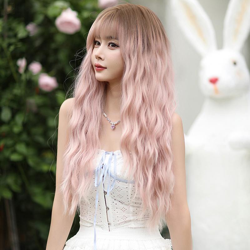 7jhh Wigs Loose Body Wavy Pink Brown Wigs With Dark Roots High Density Synthetic Wavy Ombre Hair Wig For Women Party Lolita Wigs