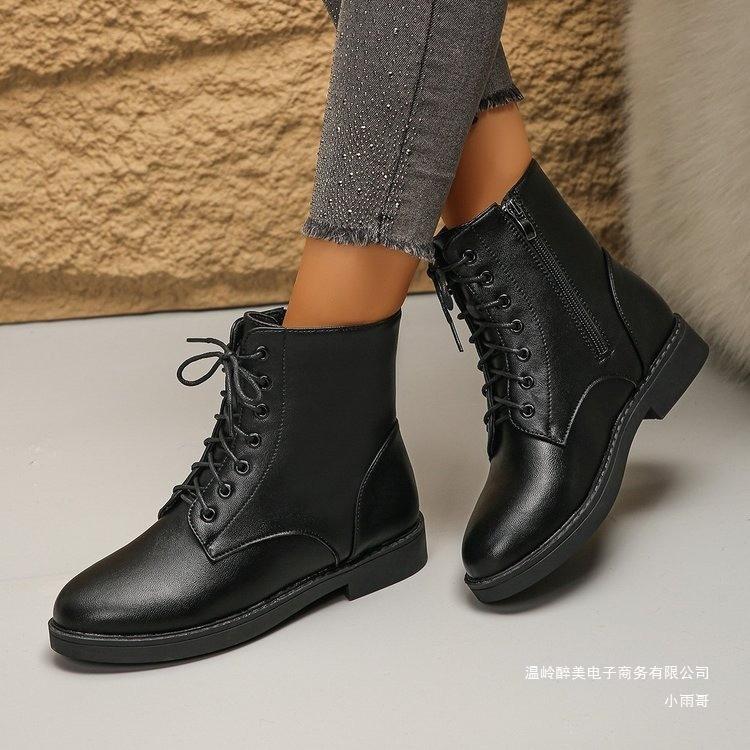 Foreign trade solid color side zipper flat-bottomed leather boots Amazon new British style lace-up short Martin boots women's winter