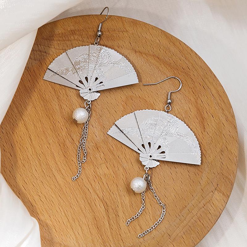 925 Silver Carved Fan Earrings with Pearls and Tassels - Hanfu Inspired Retro Style