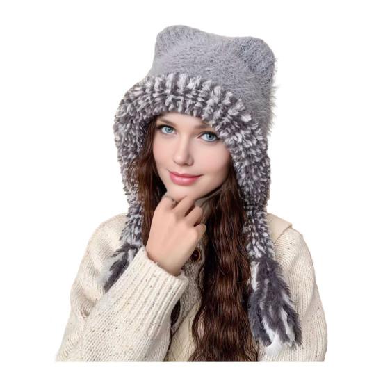 Women Hat Bear Ear Design Thickened Plush Ear Protection Hat Skiing Camping Travel Autumn Winter Headwear