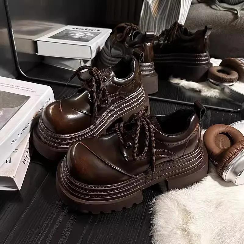 Mocassins Rétro Femme Mode 2025 Printemps Nouveauté Marque de Luxe Augmenter Semelle Épaisse Chaussures Oxford en Cuir à Lacets Travail Extérieur Chaussures à Plateforme