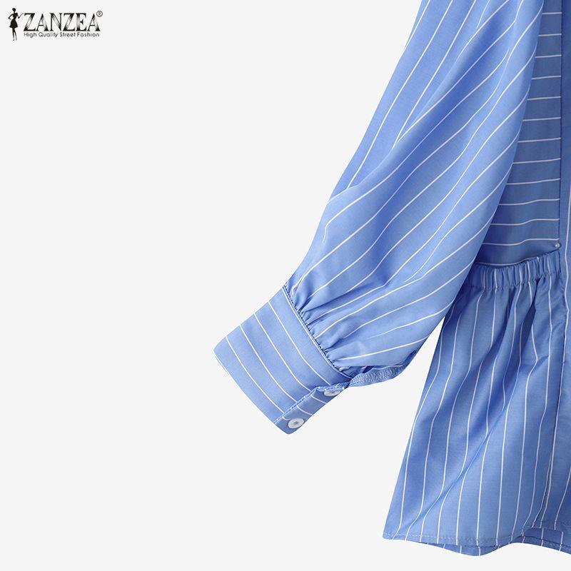 ZANZEA Women Casual Stand Collar Loose Long Sleeve Stripe Blouse