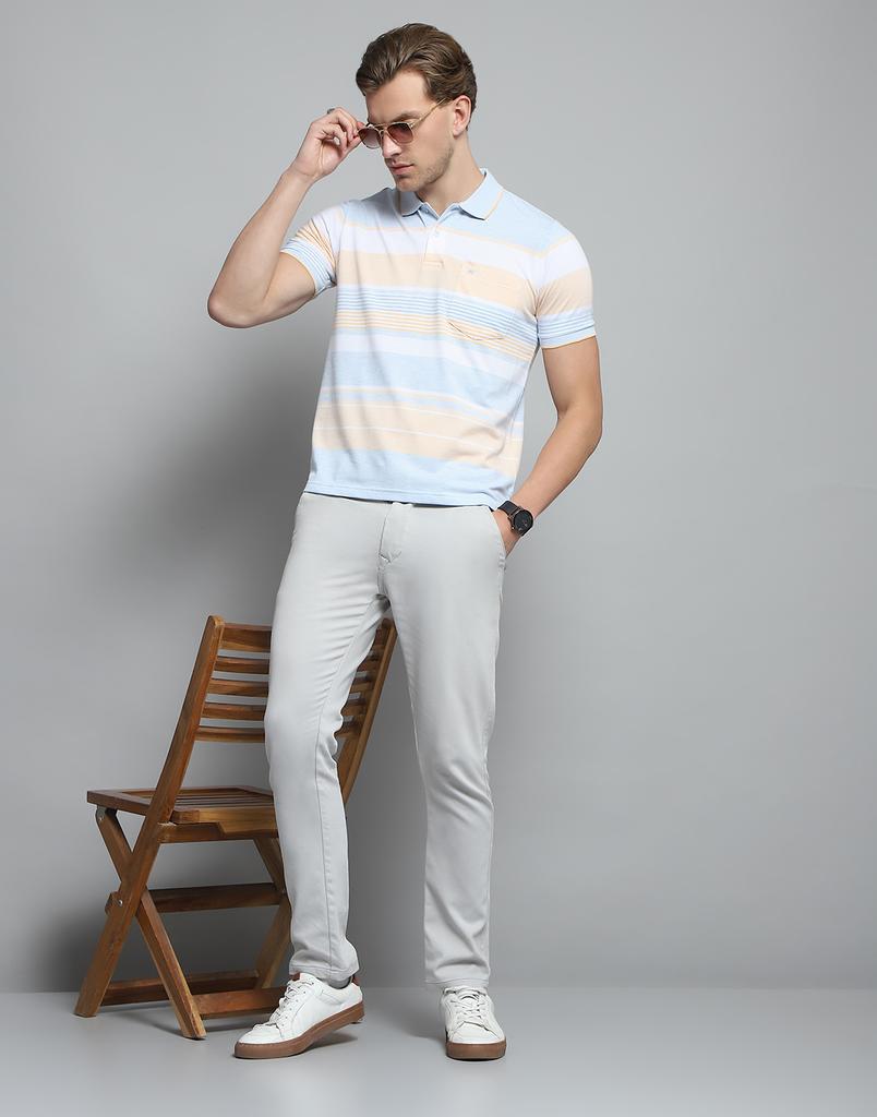 MONTE CARLO Mens Striped Blue Collar Neck Half Sleeve T-Shirt