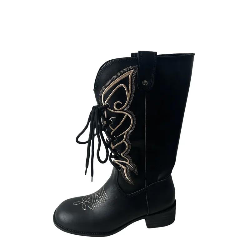Fashion Retro Embroidered Leather Mid-Calf Western Cowboy Boots Women 2025 New Thick Heel British Style Knight Boots Microfiber Material