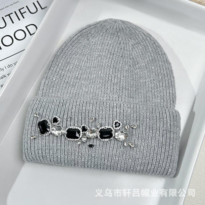 Hat Women's Autumn and Winter Rabbit Hair Warm Knitted Hat Women's Group Wind Fashion Rhinestone Wool Hat Versatile Crouch Cold Hat