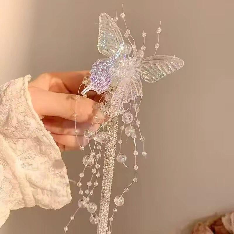 1PC Long Butterfly Beaded Tassel Hair Clip For Women Fairy Temperament Sweet Princess Hairpin Fashion Bride Hair Accessories