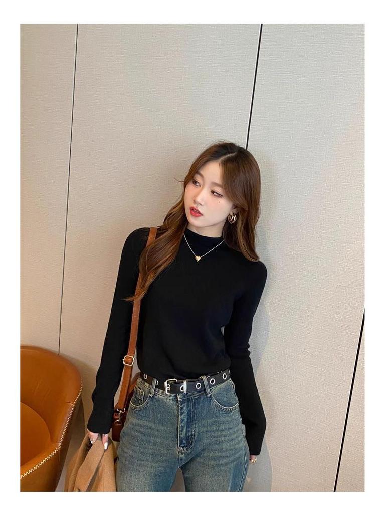 Women's 2024 Black Mock Neck Sweater: Base Layer for Spring & Autumn, Loose Half-High Neck Top.