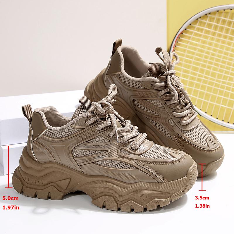 Fashion Retro Khaki Chunky Platform Sneakers Women 2025 Autumn Thick Bottom Breathable Mesh Sports Shoes Non Slip Woman's Hiking Shoes