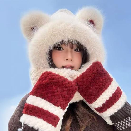 3 in 1 Hat Scarf Gloves Set Bear Ear Decor Thickened Plush Winter Hat Matching Scarf Gloves Function Cold Weather Outfit