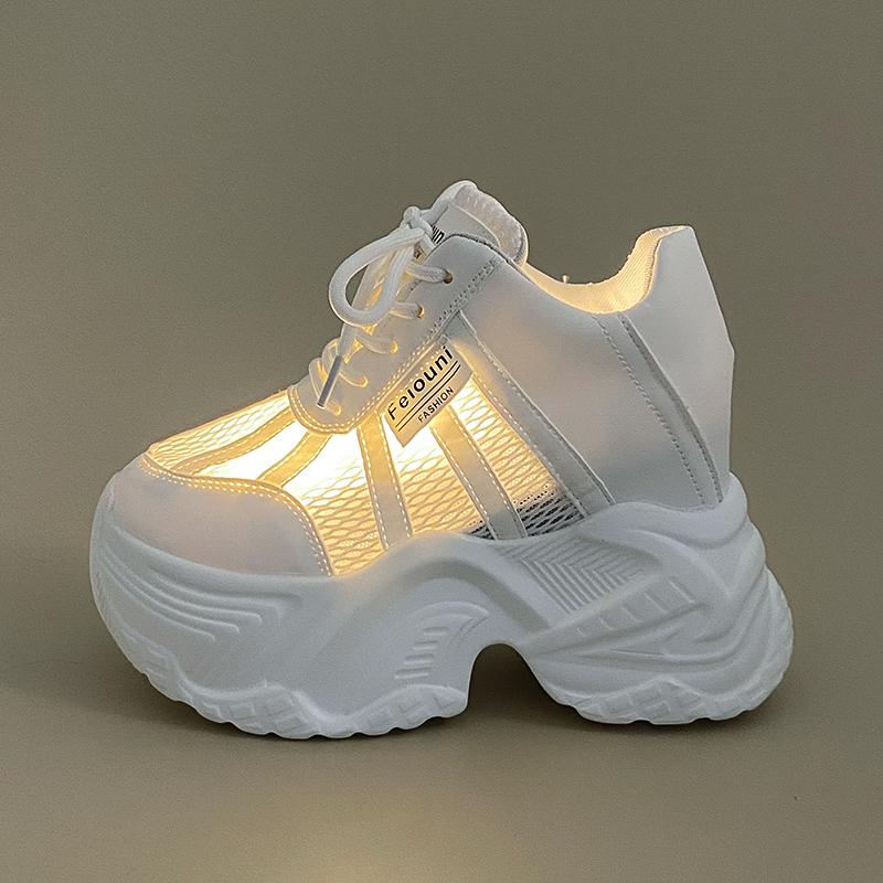 Fashion 7.5CM Women Platform Sneakers Lace-up Autumn Sports Dad Shoes High Top Chunky Casual Shoes Woman Thick Bottom Mesh White Shoes
