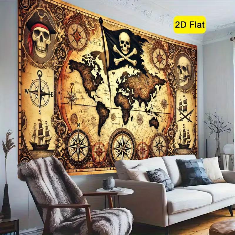 Vintage Pirate World Map Tapestry - Skull & Compass Wall Hanging Decor