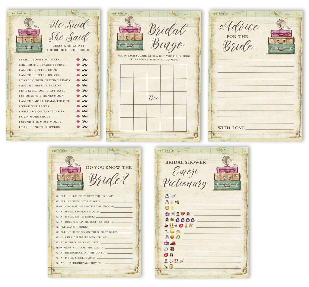 Inkdotpot Travelling Theme Bridal Shower Games Set of 5 (Activities for 50 Guests) Fun Bachelorette Party Games Set Bundle