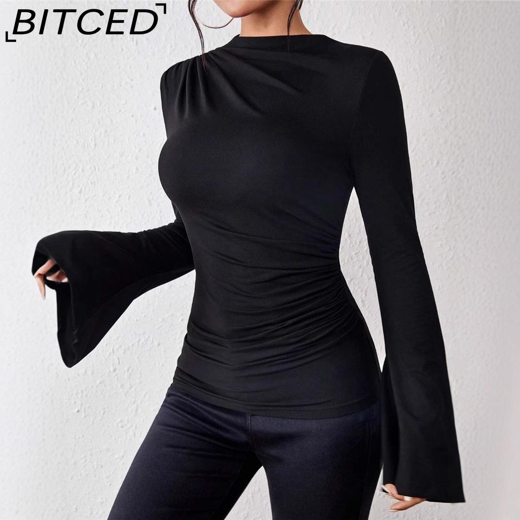 BITCED Women s Autumn/Winter Versatile Gathered-Detail Long-Sleeved Stand-Collar Slim-Fit T-Shirt S