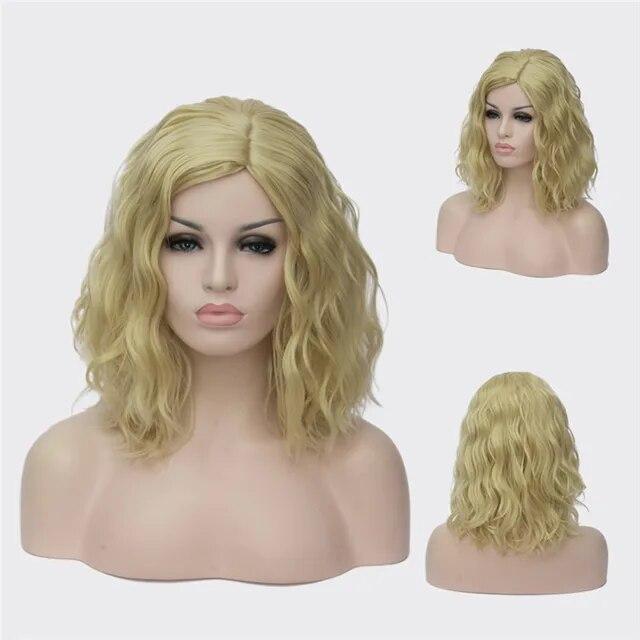 Peruci Cosplay ondulate pentru femei, scurte, albastru, violet, roz, verde, auriu, galben, parte laterală, păr sintetic din fibre rezistente la căldură