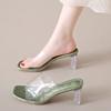 Fashion Explosive Crystal Heel Cool Mopping Summer New Square Toe Versatile Outward Wear Transparent One-band Block Heel Sandals