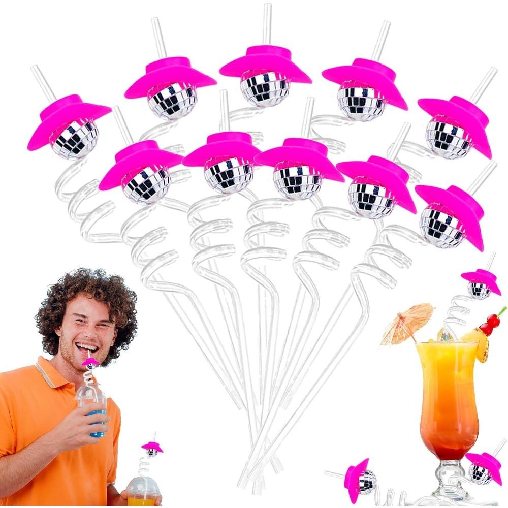 

10pcs Mirror Disco Ball Straws Mini Cowgirl Hat Bend Disco Straw 70s Disco Party Decorations Disco Pink Cowboy Decorative Straws Cocktail Straws 10pcs