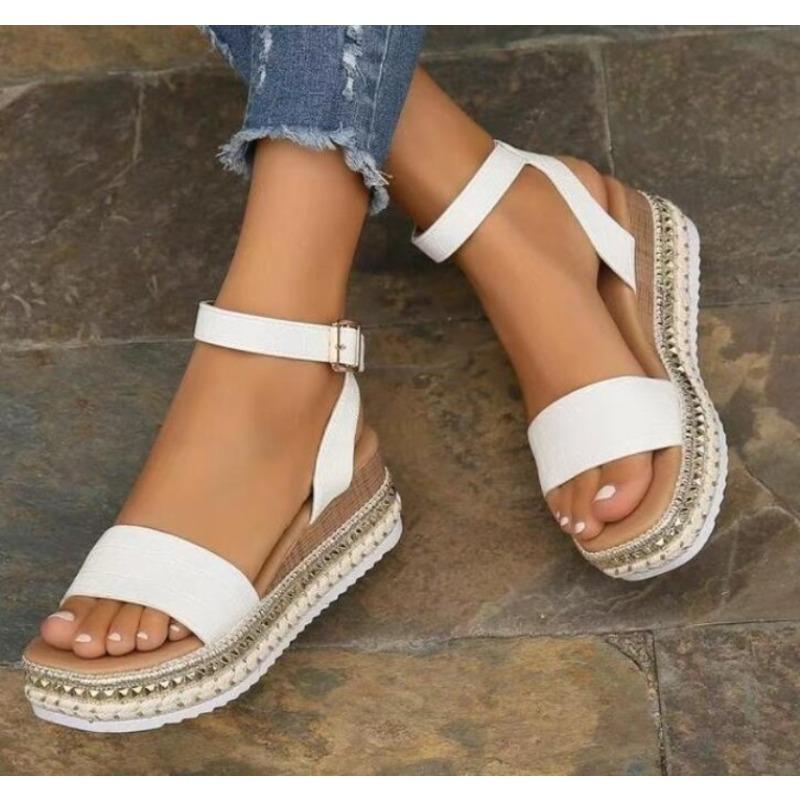 Fashion Summer Plus Size 43 Casual Ladies Wedge Heels Sandals Non Slip Platform Sandalias White Ankle Strap Sandals for Women Zapatos