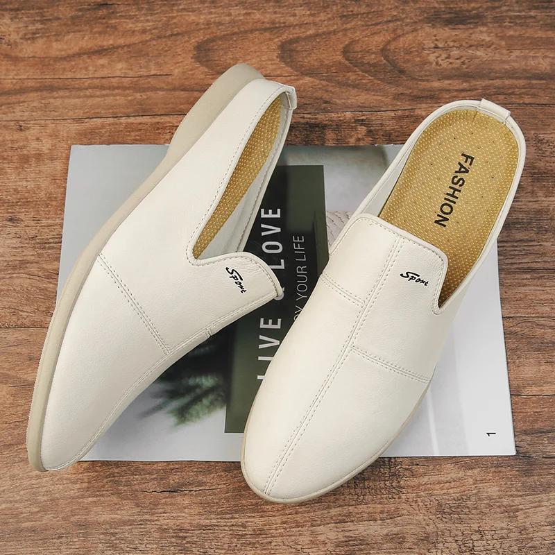 Mote Sommer Mote Halvsko for Menn Tøfler Ekte Lær Loafers Sko Mann Mokasiner Komfort Sklisikker Mannlig Kjøring Fritidssko