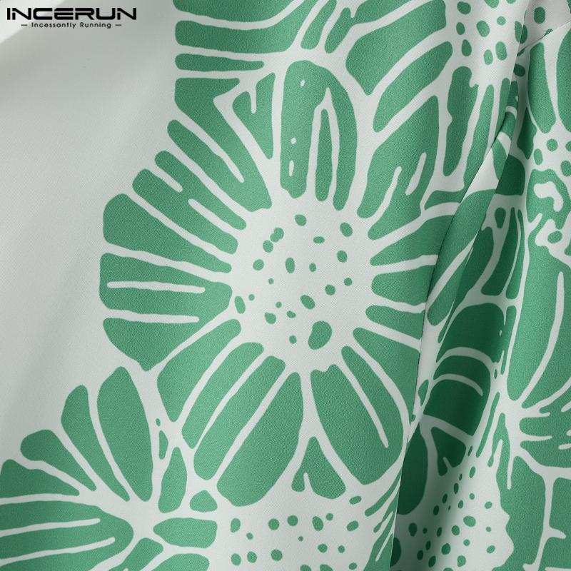 INCERUN Men Lapel Neck Short Sleeve Print Stitching Casual Loose Shirts
