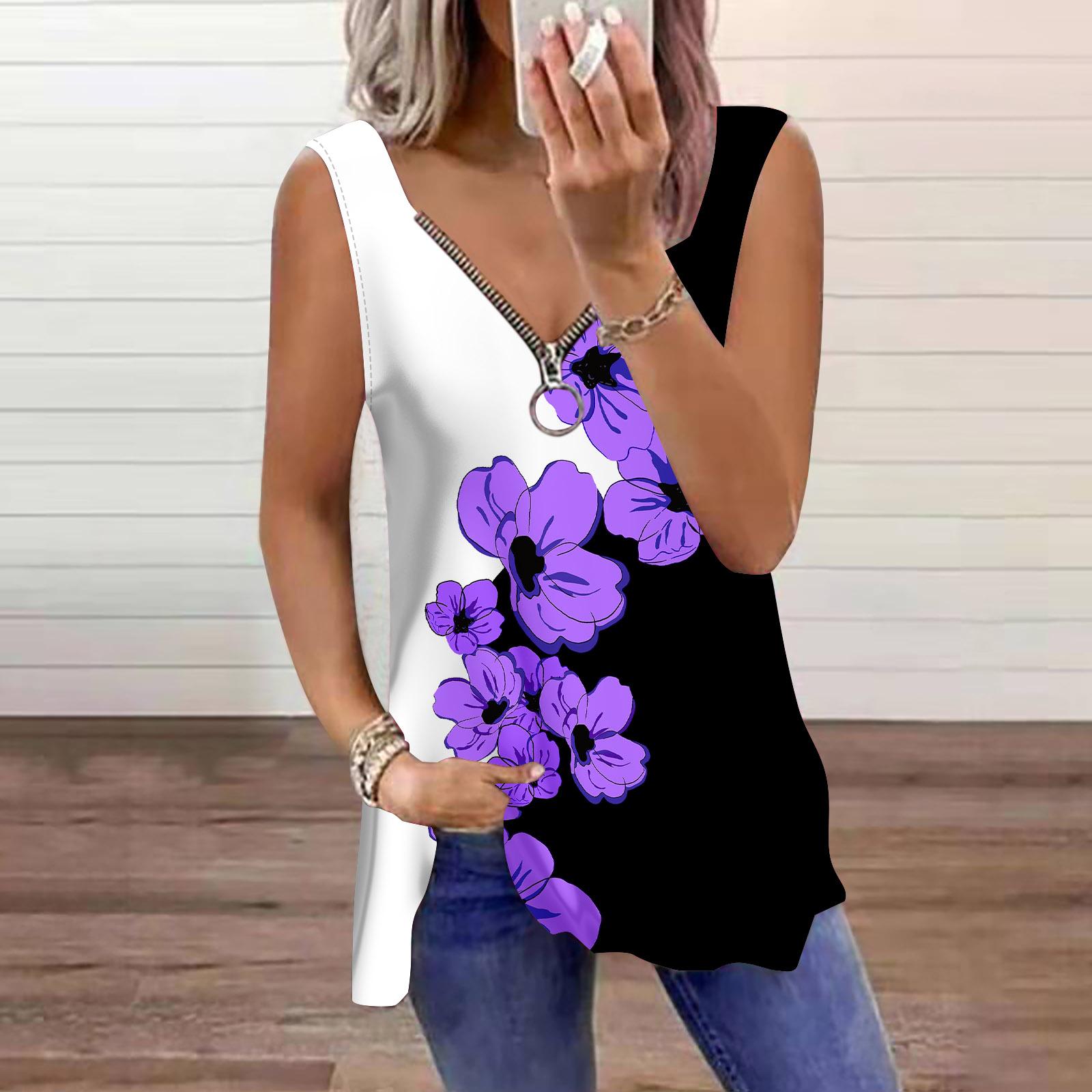 

Женский топ, летний, с принтом голубой лилии, повседневный, большого размера, без рукавов, на молнии, с V-образным вырезом, майка 3XL фиолетовый