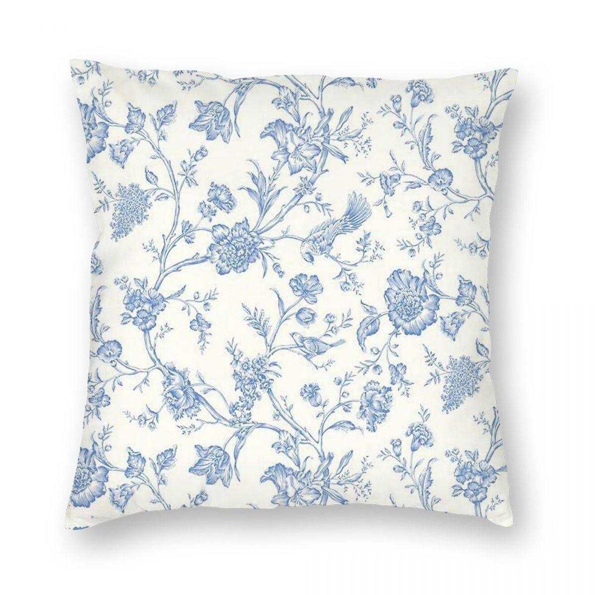 Blue Bird Toile Chinoiserie Square Pillowcase Polyester Linen Velvet Printed Zip Decor Home Cushion Cover x 30x30cm