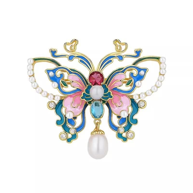 Enamel Butterfly Brooch for Women, Chinese Style, Pearl Brooch, Elegant and High-end Cheongsam Coat Pin