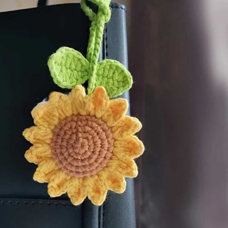 1PC Handcrafted Crochet Sunflower Charm Rustic Car Mirror Hanger Bag Pendant Accessory for Women