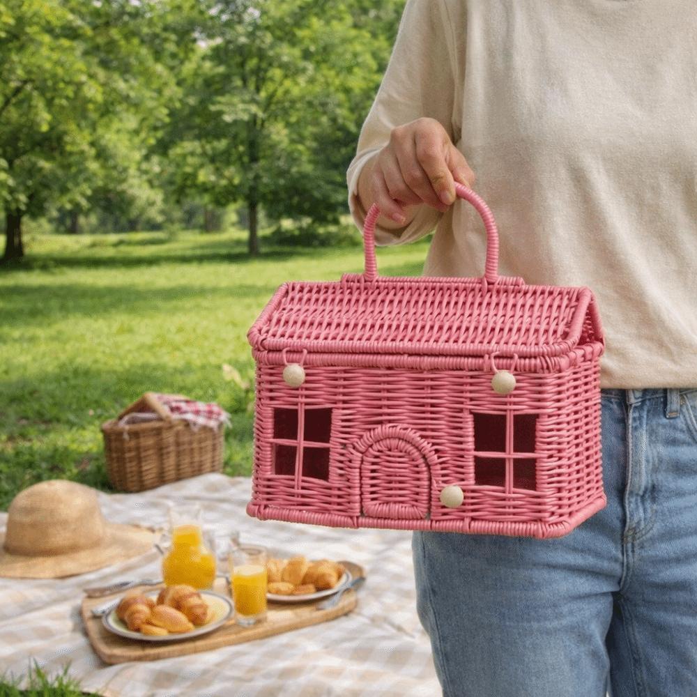 House Shaped Rattan Picnic Basket With Handle Imitation Rattan Woven Storage Basket Vintage Style Handheld Gift Box
