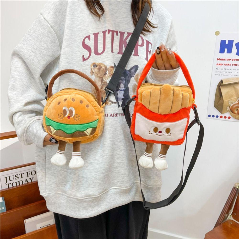 Doll Cartoon Hamburger Bag Fluffy Shoulder Bag Casual Plush French Fries Handbag Children