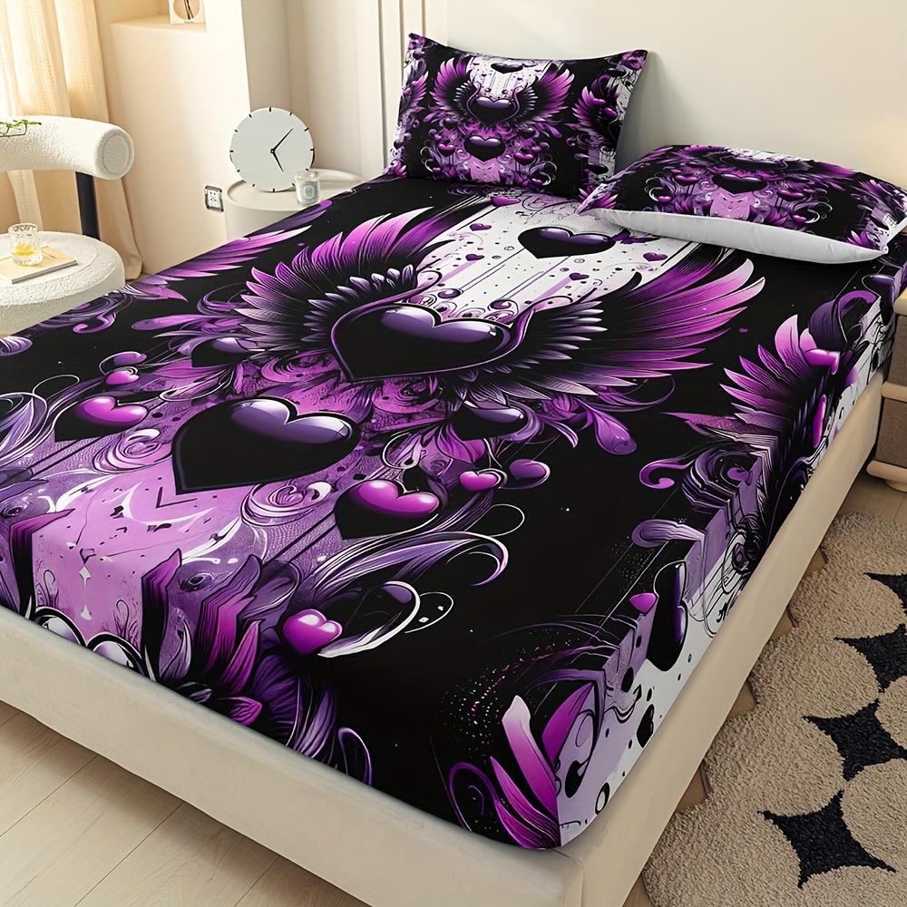 1 Stück Spannbettlaken Lila Herzförmiger Flügel-Print 100% Polyesterbezug Atmungsaktives Bettwäscheset Heimdekor ohne Kissenbezüge