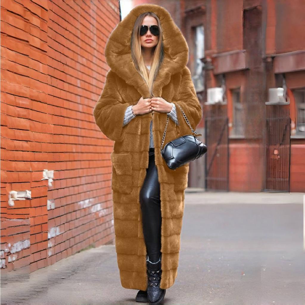 VAYLA Luxuriöser Langer Kunstfellmantel mit Kapuze Winterfelljacke Damen Fellrobe Winddichtes Design Langärmliger Cardigan Warm Dick Große Größe