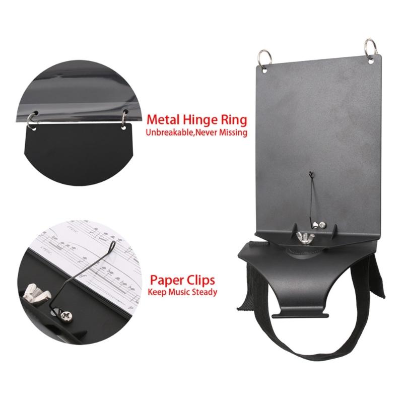 Black Arm Mounted Music Holder, Flute Lyre, Adjustable Forearm Sheet Folder with 5 Sleeves and ABS Panel for Band Use, Reading Support, and Practice