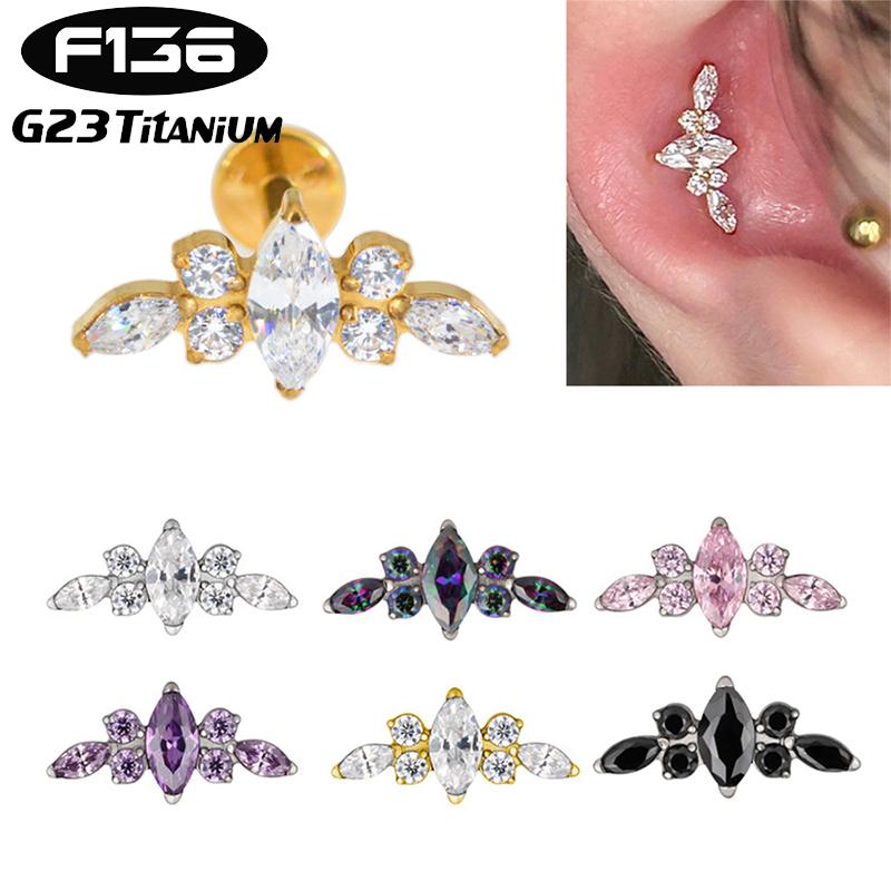 1 PZ Titanio G23 Piercing Labret Filettatura Interna Orecchini Zircone Occhio di Cavallo Fiore Helix Cartilagine Stud Labbra Gioielli per il Corpo 16G