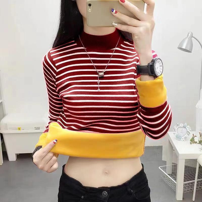 Autumn and Winter Korean Style Striped Warm Velvet Thickened Bottoming Shirt Top with Large Size Women's Slimming T-shirt