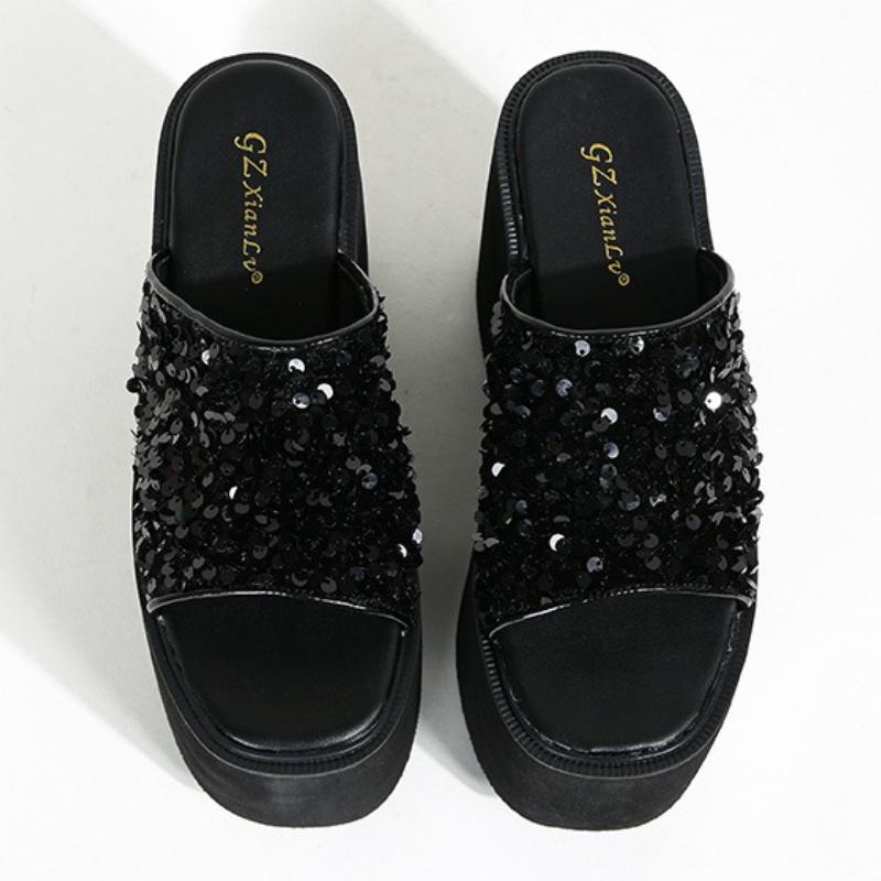 Fashion 13 Cm Super High Heel Black Bling Thick Slippers Women Fashion Non-slip Platform Sandals Summer Comfort Large Size Beach Sandals