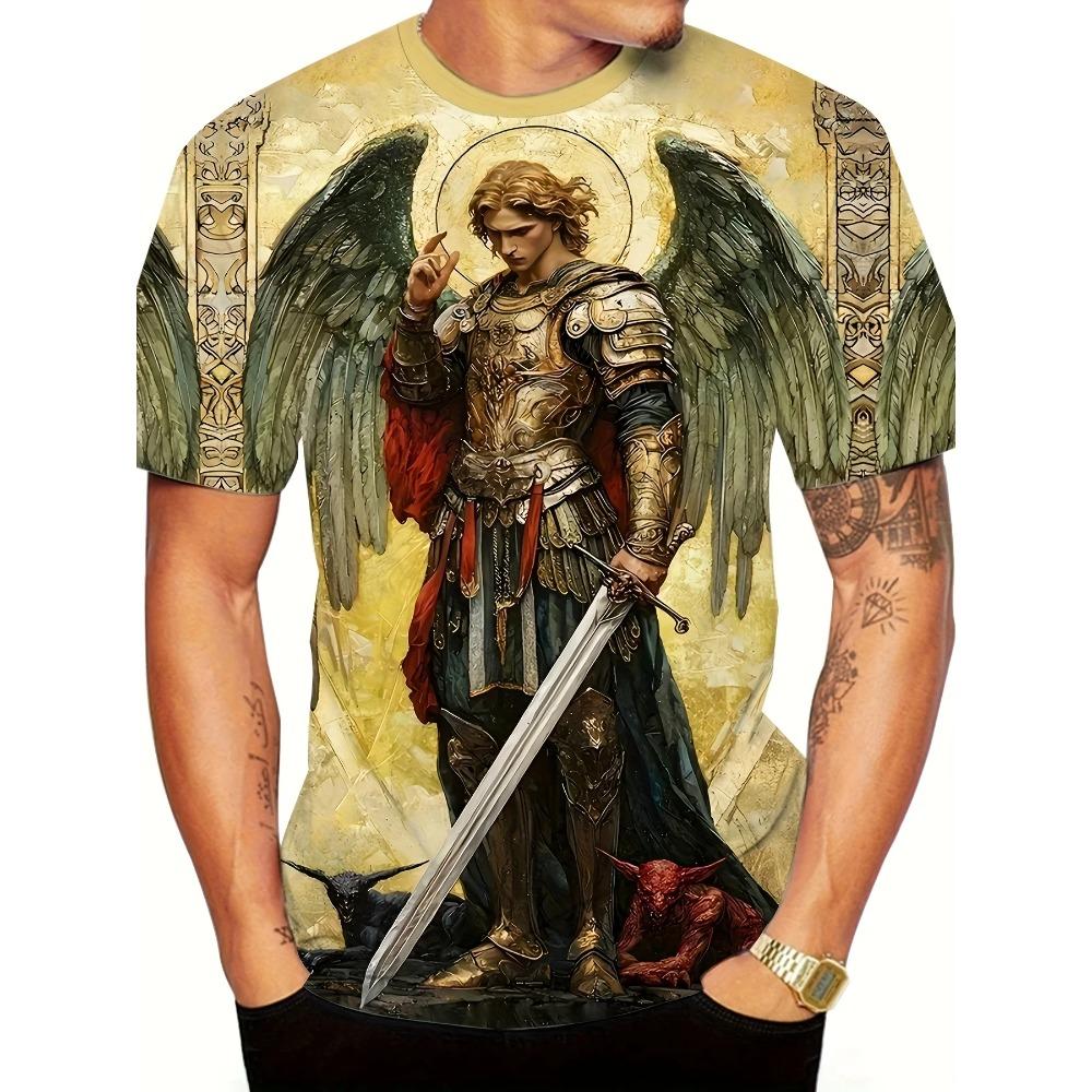 Mens 3d Angel Warrior Graphic T Shirt Golden Sword Design 3D Printed Tshirt For Men Clothes Wing Ornate Border Unisex Tee Tops