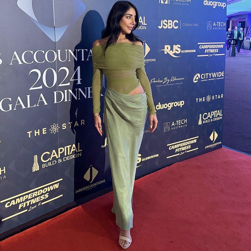 

Western Style 2025 Spring Summer New Sexy off-Shoulder Mesh Cut-out Dress Slim fit Slimming Sheath Long dress Green L