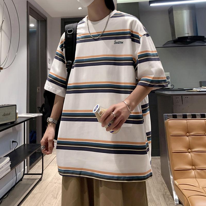 Vintage Japan Style Striped T-shirts Summer Contrasting Colors Men's Clothing Young Style Letter Loose Casual O-Neck Pullovers